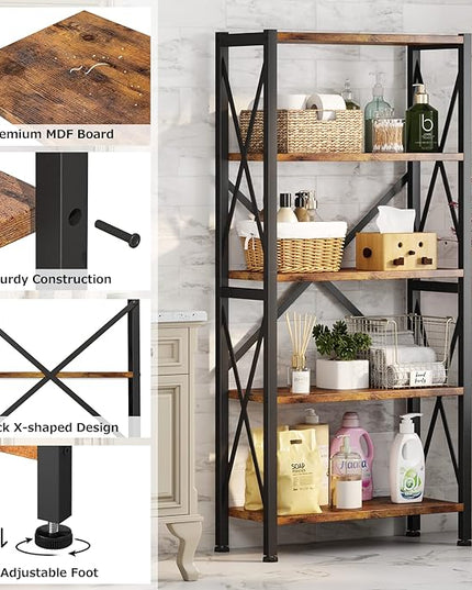 5-Tier Bookshelf,Wood Bookcase,Book Shelf with Steel Frame, Storage Rack with Open Shelves, Rustic Standing Bookshelves Ladder Shelf 110lbs/shelf for Bedroom,Living Room and Home Office - LeafyLoom
