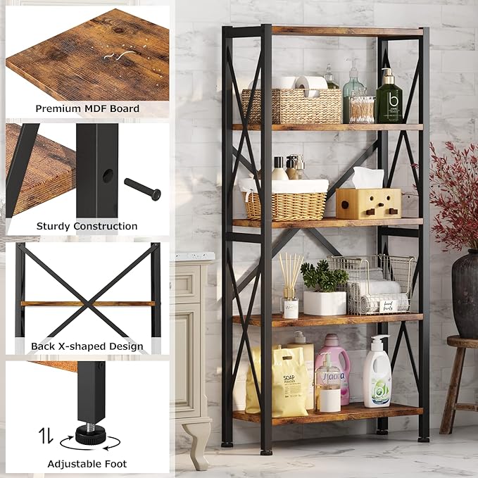 5-Tier Bookshelf,Wood Bookcase,Book Shelf with Steel Frame, Storage Rack with Open Shelves, Rustic Standing Bookshelves Ladder Shelf 110lbs/shelf for Bedroom,Living Room and Home Office - LeafyLoom