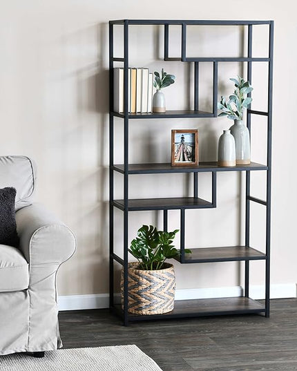 Household Essentials Jamestown Tall 6 Shelf Open Storage Bookshelf Ashwood Rustic Wood Grain and Black Metal - LeafyLoom