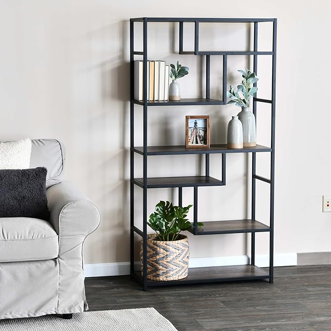 Household Essentials Jamestown Tall 6 Shelf Open Storage Bookshelf Ashwood Rustic Wood Grain and Black Metal - LeafyLoom