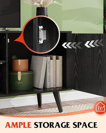 WLIVE Mid-Century Modern TV Stand for 55" TV, Entertainment Center with Storage, Open Shelves TV Console for Living Room and Bedroom, Black - LeafyLoom