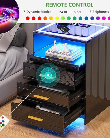 HNEBC High Gloss Nightstand with Wireless Charging Station, Smart Night Stand with RGB Dynamic Lighting, Modern Bed Side Table with Drawers Sliding Tray, Glass Tabletop,Motion Sensor Lights (C Black) - LeafyLoom