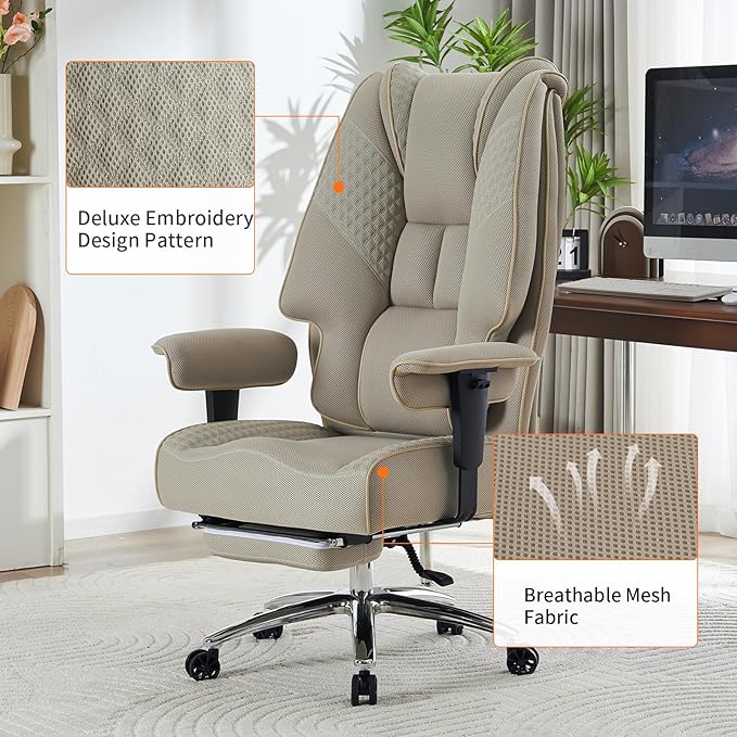 Big and Tall Office Chair 400lbs Wide Seat, Mesh High Back Executive Office Chair with Foot Rest, Ergonomic Office Chair Lumbar Support for Lower Back Pain Relief (Mesh Dark Beige) - LeafyLoom