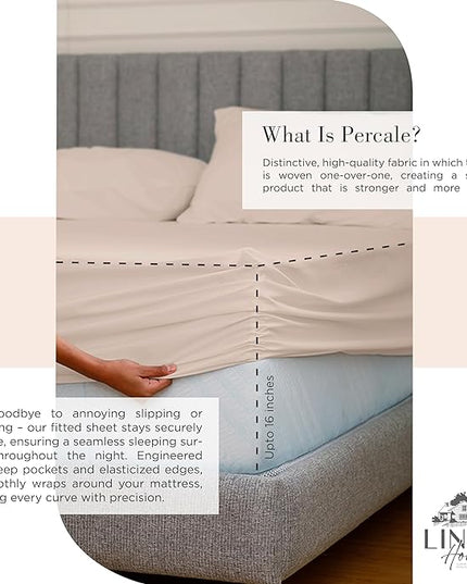 100% Cotton Percale Sheets California King Size, Sand Shell, Deep Pocket, 4 Pieces Sheet Set - 1 Flat, 1 Deep Pocket Fitted Sheet and 2 Pillowcases, Crisp Cool and Strong Bed Linen - LeafyLoom
