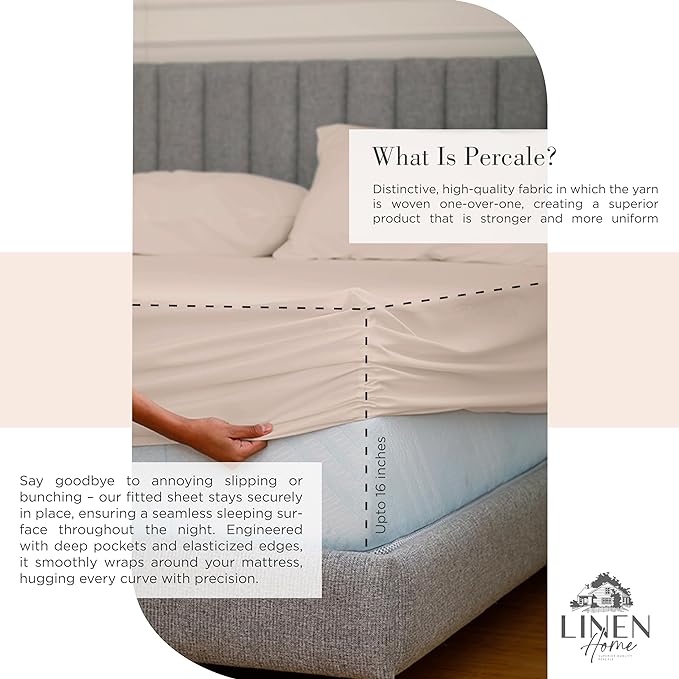 100% Cotton Percale Sheets California King Size, Sand Shell, Deep Pocket, 4 Pieces Sheet Set - 1 Flat, 1 Deep Pocket Fitted Sheet and 2 Pillowcases, Crisp Cool and Strong Bed Linen - LeafyLoom