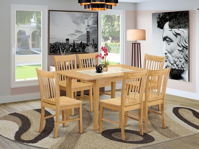 East West Furniture Norfolk 7 Piece Room Set Consist of a Rectangle Kitchen Table with Butterfly Leaf and 6 Dining Chairs, 32x54 Inch, NOFK7-OAK-W - LeafyLoom