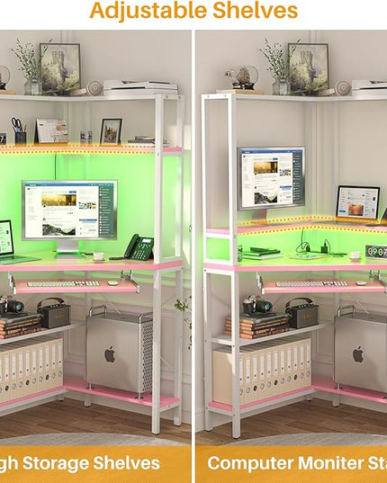 Cyclysio Small Corner Desk with Hutch, Corner Gaming Desk with LED Light & Power Outlets, Computer Desk with Keyboard Tray, Triangel Desk for Small Space, Home Office, Workstation, Pink - LeafyLoom
