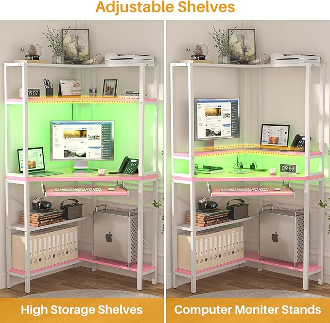 Cyclysio Small Corner Desk with Hutch, Corner Gaming Desk with LED Light & Power Outlets, Computer Desk with Keyboard Tray, Triangel Desk for Small Space, Home Office, Workstation, Pink - LeafyLoom