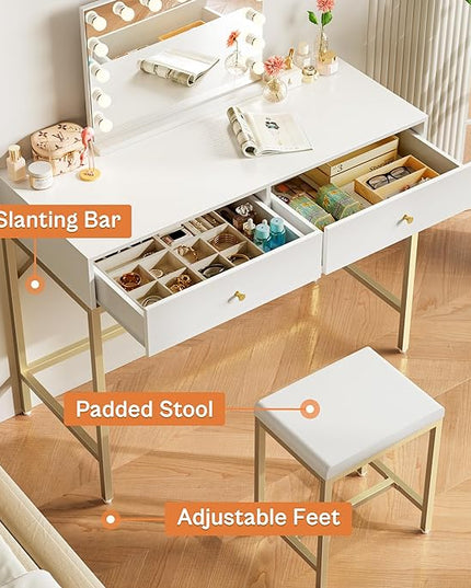 SUPERJARE 35.4" White and Gold Desk with 2 Drawers, Modern Makeup Vanity Desk with Padded Stool, Small Computer Desk Home Office Desk for Writing Study Bedroom - LeafyLoom