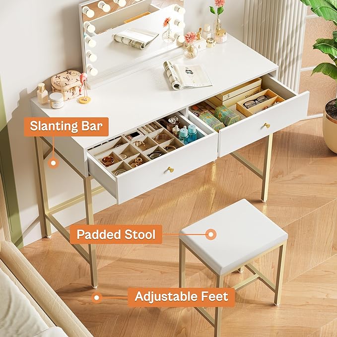 SUPERJARE 35.4" White and Gold Desk with 2 Drawers, Modern Makeup Vanity Desk with Padded Stool, Small Computer Desk Home Office Desk for Writing Study Bedroom - LeafyLoom