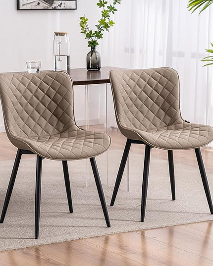 YOUTASTE Khaki Dining Chairs Set of 2 Mid Century Modern PU Leather Diamond Upholstered Accent Guest Dinner Chair with Back Metal Legs for Kitchen Living Reception Waiting Room - LeafyLoom