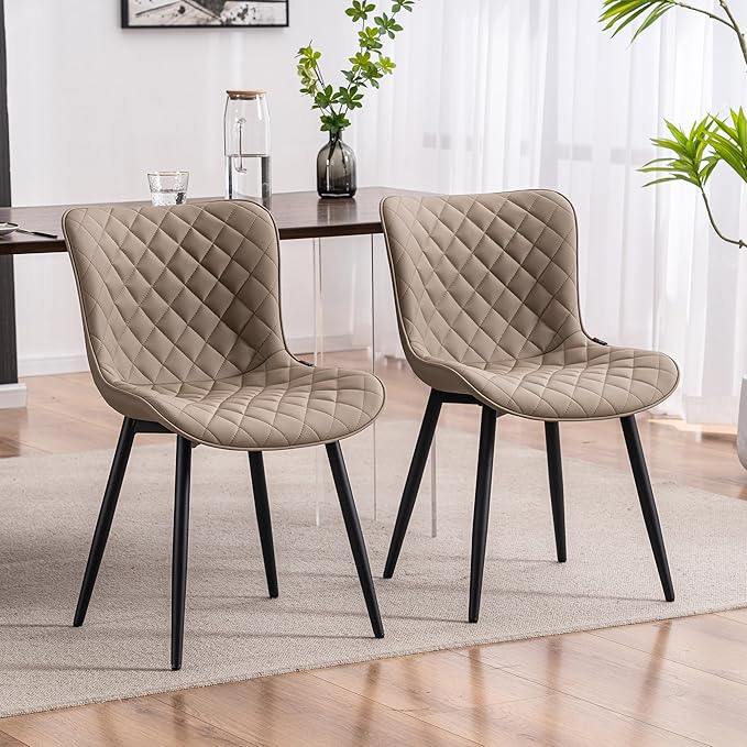 YOUTASTE Khaki Dining Chairs Set of 2 Mid Century Modern PU Leather Diamond Upholstered Accent Guest Dinner Chair with Back Metal Legs for Kitchen Living Reception Waiting Room - LeafyLoom
