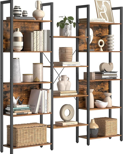 VASAGLE 5-Tier Bookcase with 14 Shelves, Book Shelf with Metal Frame, Bookshelf for Living Room, Home Office, Industrial Style, 9.4 x 62.2 x 65.4 Inches, Rustic Brown and Black ULLS107B01 - LeafyLoom
