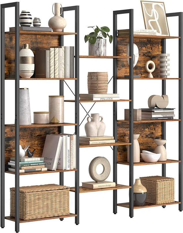 VASAGLE 5-Tier Bookcase with 14 Shelves, Book Shelf with Metal Frame, Bookshelf for Living Room, Home Office, Industrial Style, 9.4 x 62.2 x 65.4 Inches, Rustic Brown and Black ULLS107B01 - LeafyLoom