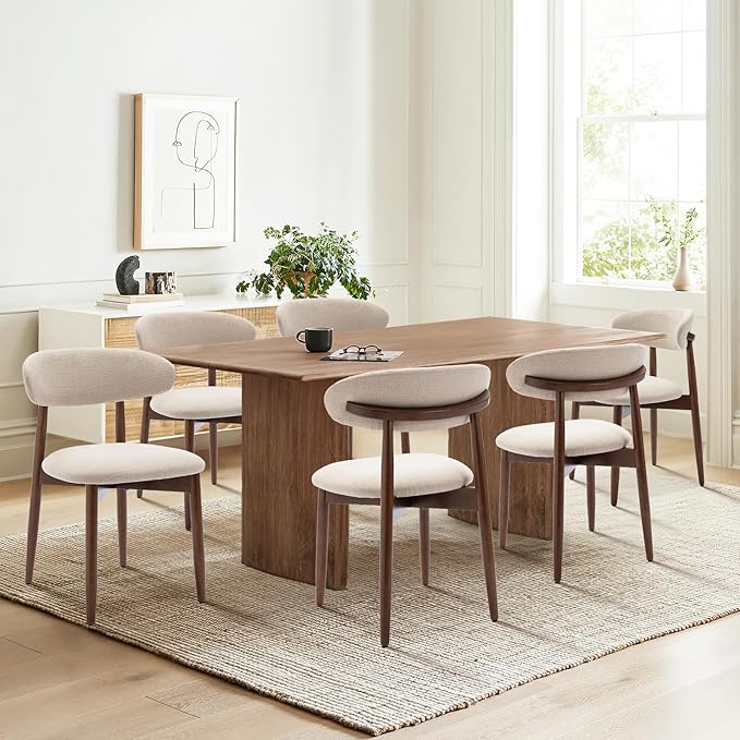 COLAMY Wooden Dining Chairs Set of 6, Modern Fabric Upholstered Kitchen Side Chairs, Farmhouse Dining Room Chair with Foot Pegs, Beige - LeafyLoom