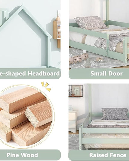 Bellemave Twin Size House-Shaped Headboard Floor Bed with Fences, Wooden Montessori Bed for Kids,House Bed Twin Frame for Girls,Boys (Light Green) - LeafyLoom