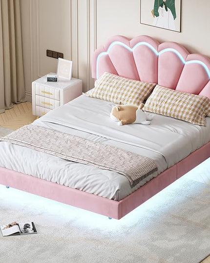 Queen Upholstered Smart LED Bed Frame with Elegant Flowers Headboard, Floating Velvet Platform LED Bed with Wooden Slats Support, No Box Spring Needed, Easy Assembly, Pink - LeafyLoom