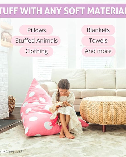Butterfly Craze Bean Bag Chair Cover, Functional Toddler Toy Organizer, Fill with Stuffed Animals to Create a Jumbo, Comfy Floor Lounger for Boys or Girls, Stuffing Not Included, Light Pink Polka Dots - LeafyLoom