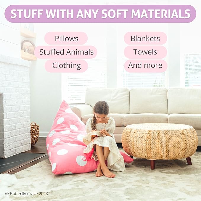 Butterfly Craze Bean Bag Chair Cover, Functional Toddler Toy Organizer, Fill with Stuffed Animals to Create a Jumbo, Comfy Floor Lounger for Boys or Girls, Stuffing Not Included, Light Pink Polka Dots - LeafyLoom