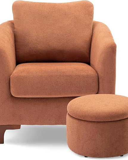 COLAMY Velvet Accent Chair with Storage Ottoman Set, Upholstered Barrel Arm Chair with Footrest, Living Room Chair with Back Pillow, Light Brown - LeafyLoom