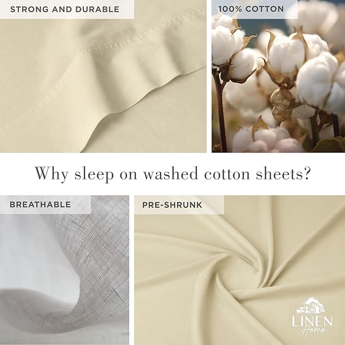 Linen Home Washed Cotton Percale Queen Sheet Set, Ivory, Deep Pocket, 4 Pieces Bed Sheets - 1 Flat Sheet, 1 Fitted Sheet & 2 Envelope Closure Pillowcases, Cool and Comfortable Bed Linen - LeafyLoom
