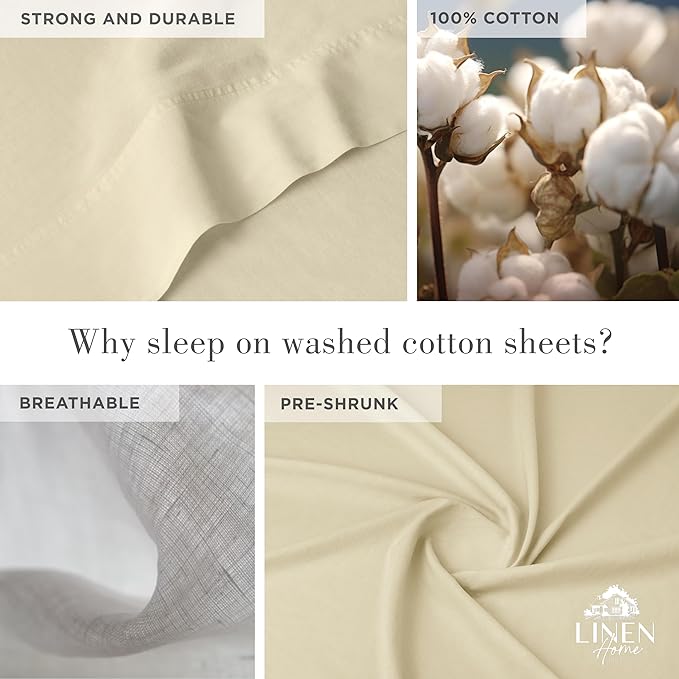 Linen Home Washed Cotton Percale King Sheet Set, Ivory, Deep Pocket, 4 Pieces Bed Sheets - 1 Flat Sheet, 1 Fitted Sheet & 2 Envelope Closure Pillowcases, Cool and Comfortable Bed Linen - LeafyLoom