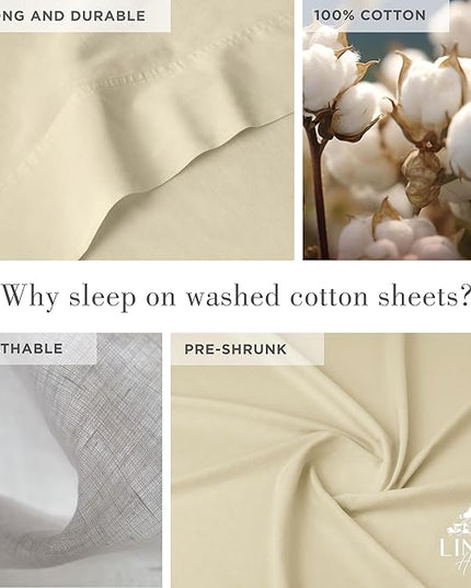 Linen Home Washed Cotton Percale Full Sheet Set, Ivory, Deep Pocket, 4 Pieces Bed Sheets - 1 Flat Sheet, 1 Fitted Sheet & 2 Envelope Closure Pillowcases, Cool and Comfortable Bed Linen - LeafyLoom