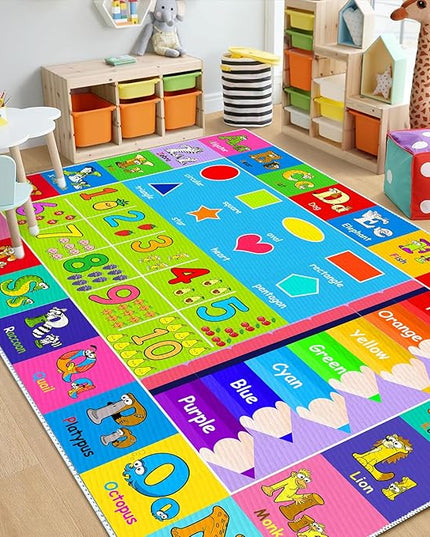 Kids Alphabet Play Game Rug - -4'x6' ABC Numbers and Shapes Educational Learning Toddler Carpet - Kids Room Playroom Classroom Kindergarten Activity Fun Soft Non-Slip Mat - LeafyLoom
