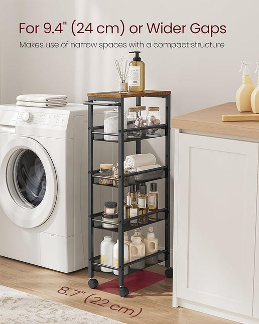 VASAGLE Slim Rolling Cart, 5-Tier Storage Cart, Narrow Cart with Handle, 8.7 Inches Deep, Metal Frame, for Kitchen, Dining Room, Living Room, Home Office, Rustic Brown and Black ULRC035B01 - LeafyLoom