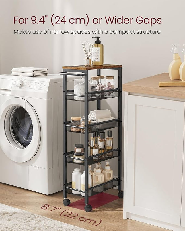 VASAGLE Slim Rolling Cart, 5-Tier Storage Cart, Narrow Cart with Handle, 8.7 Inches Deep, Metal Frame, for Kitchen, Dining Room, Living Room, Home Office, Rustic Brown and Black ULRC035B01 - LeafyLoom