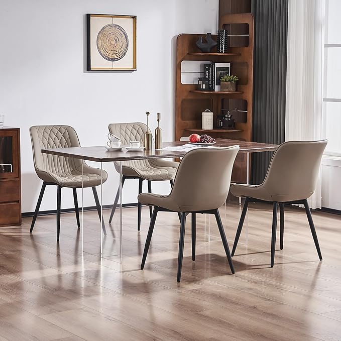 YOUNIKE Khaki Dining Chairs set of 2 with High Backs Mid Century Modern Kitchen & Dining Room Chairs PU Faux Leather Upholstered sillas de comedor Comfortable Large Padded Accent Chair with Metal Legs - LeafyLoom