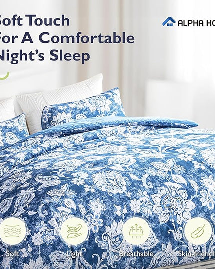 ALPHA HOME King Size Comforter Set, All Season Bedding Comforter Set, Comfortable Fluffy Floral Comforter Set with Cotton Fabric (1 Comforter, 2 Pillowcases) - LeafyLoom