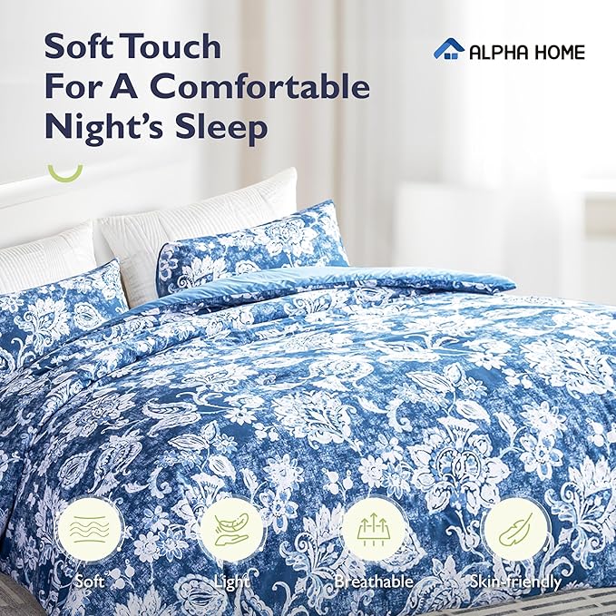 ALPHA HOME Queen Size Comforter Set, All Season Bedding Comforter Set, Comfortable Fluffy Floral Comforter Set with Cotton Fabric (1 Comforter, 2 Pillowcases) - LeafyLoom