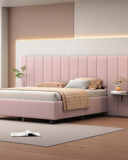 Queen Upholstered Platform Bed Frame with Extended Headboard and and Two Shelves, Velvet Bed, No Box Spring Needed, Pink - LeafyLoom