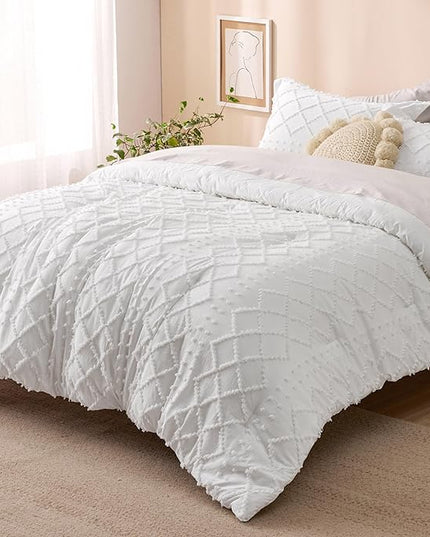 Bedsure Oversized King Comforter - White Comforter Set, Boho Tufted Shabby Chic Bedding Comforter Set, 3 Pieces Farmhouse Bed Set for All Seasons, Fluffy Soft Bedding Set with 2 Pillow Shams - LeafyLoom