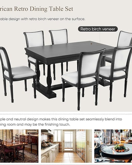 59.4 Inch Dining Table Set for 6, 7-Piece Dining Table with 4 Trestle Base and 6 Upholstered Chairs with Slightly Curve and Ergonomic Seat Back, Black - LeafyLoom