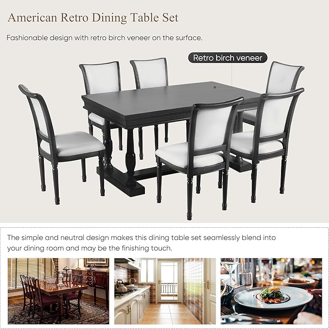 59.4 Inch Dining Table Set for 6, 7-Piece Dining Table with 4 Trestle Base and 6 Upholstered Chairs with Slightly Curve and Ergonomic Seat Back, Black - LeafyLoom