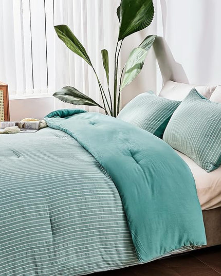 ENCOFT Green Comforter Set King, 3 Pieces King Bedding Comforter Set, Boho Striped Comforter with 2 Pillowcases, Soft Microfiber Lightweight Farmhouse Comforter Set King, 104" x 90" - LeafyLoom