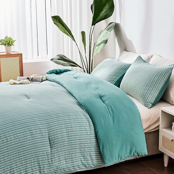 ENCOFT Green Comforter Set King, 3 Pieces King Bedding Comforter Set, Boho Striped Comforter with 2 Pillowcases, Soft Microfiber Lightweight Farmhouse Comforter Set King, 104" x 90" - LeafyLoom