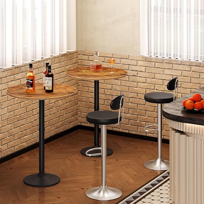 HOOBRO Round Bar Table, 35" Tall Pub Table, Cocktail Table with Base, Stable Counter Table with Non-Slip Base for Narrow Space, Bar Height Table for Kitchen, Easy to Assemble, Rustic Brown BF57BT01 - LeafyLoom