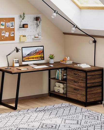 Reversible 53-inch L Shaped Desk with 3 Drawer, Farmhouse Corner Desk Gaming Table with Shelves and File Cabinet for Letter Size & Legal Size File for Home Office and Small Space - LeafyLoom