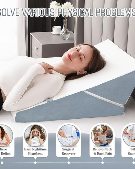Bed Wedge Pillow for Sleeping, 9&12 Inch Adjustable Pillow Wedge Acid Reflux Pillow, 7-in-1 Memory Foam Wedge Pillow for Back Pain Relief, Gerd, Snoring - LeafyLoom