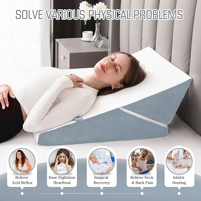 Bed Wedge Pillow for Sleeping, 9&12 Inch Adjustable Pillow Wedge Acid Reflux Pillow, 7-in-1 Memory Foam Wedge Pillow for Back Pain Relief, Gerd, Snoring - LeafyLoom