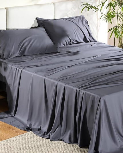 Bedsure King Size Sheet Set, Cooling Sheets King, Rayon Derived from Bamboo, Deep Pocket Up to 16", Breathable & Soft Bed Sheets, Hotel Luxury Silky Bedding Sheets & Pillowcases, Dark Grey - LeafyLoom