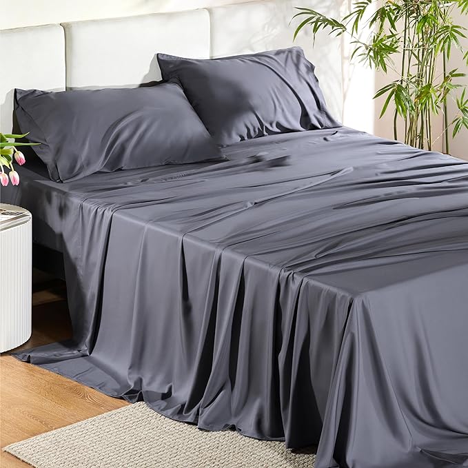 Bedsure King Size Sheet Set, Cooling Sheets King, Rayon Derived from Bamboo, Deep Pocket Up to 16", Breathable & Soft Bed Sheets, Hotel Luxury Silky Bedding Sheets & Pillowcases, Dark Grey - LeafyLoom