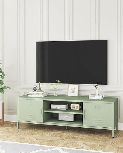 TV Stand for 55 60 inch TV, Metal TV Cabinet Modern Mid Century Entertainment Center with Storage, TV Industrial Media Console Table 2 Cabinet for Living Room, Bedroom, Office (Green) - LeafyLoom