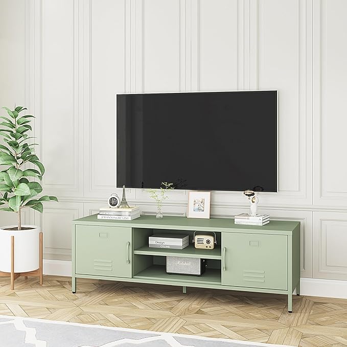 TV Stand for 55 60 inch TV, Metal TV Cabinet Modern Mid Century Entertainment Center with Storage, TV Industrial Media Console Table 2 Cabinet for Living Room, Bedroom, Office (Green) - LeafyLoom
