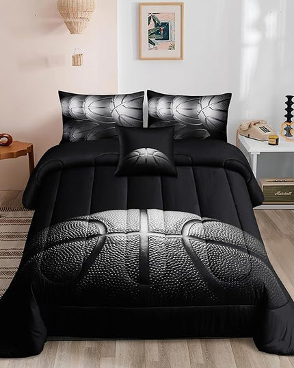 Basketball Comforter Sets,6 PCS Basketball Bedding Set for Boys,Kids Comforter Sets for Boys,Twin Black and Grey Comforter Sets for Boys,Bed in A Bag with Sheets(Twin-6 Pieces) - LeafyLoom