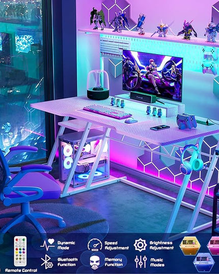 Pink Gaming Desk with Hutch and LED Lights, 55" Computer Desk with Storage Shelves, Reversible PC Gaming Desk with Pegboard, Gaming Table Gamer Desk for Bedroom, Carbon Fiber Pink - LeafyLoom