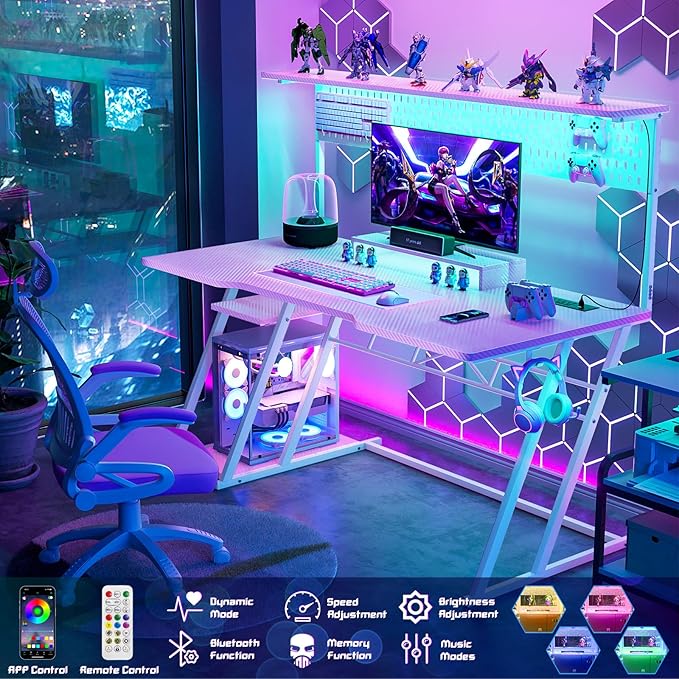 Pink Gaming Desk with Hutch and LED Lights, 55" Computer Desk with Storage Shelves, Reversible PC Gaming Desk with Pegboard, Gaming Table Gamer Desk for Bedroom, Carbon Fiber Pink - LeafyLoom